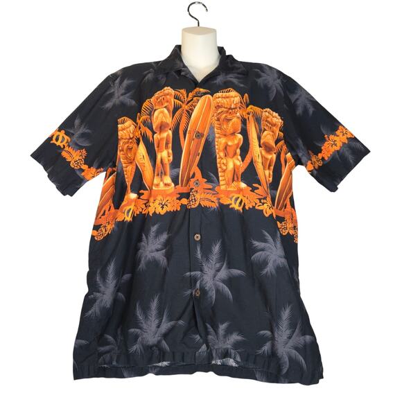 Favant Mens L Hawaiian Shirt Button Up Tiki Statues Surfboards Beach Vacation - Picture 1 of 12
